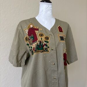 Quacker Factory Gardening Angel Cottagecore Grandma Core Button-Up‎ L